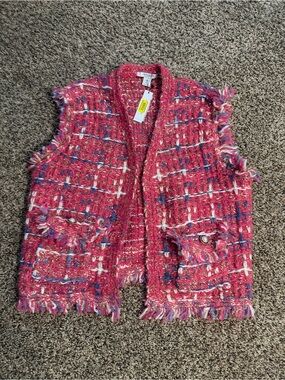 Anna & Ava Pink Tweed Fringe Vest with Multicolor Accents